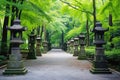 forested museum garden walkway marked by a series of stone lanterns