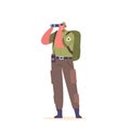 Forester Ranger Character Holding Binoculars, Scanning The Forest. Keeping Watch For Wildlife And Potential Hazards