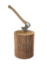 Forester`s ax with wooden handle sitcks out in wood stump isolated on white