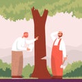 Forester scolds tourist for cutting tree. Cartoon vector illustration