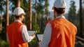Forestry Engineers Using Digital Tablets in a Pine Forest Royalty Free Stock Photo