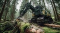 forestry machine cutting a tree trunk in a lush green forest Royalty Free Stock Photo