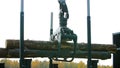 A forestry machine loads a log truck at the site landing. Forest machine down logs Royalty Free Stock Photo