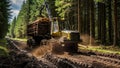 Forestry machine transporting logs on muddy forest track with mature evergreen trees and bright sunlight Royalty Free Stock Photo