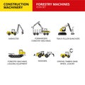 Forestry Machines machinery vehicle and transport car construction machinery icons set vector Royalty Free Stock Photo