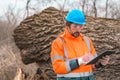 Forestry technician collecting data notes in forest