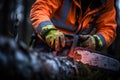 Forestry Worker Cutting Tree with Chainsaw.generative ai