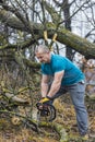 Forestry worker - lumberjack works with chainsaw. He cuts a big Royalty Free Stock Photo