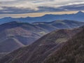 Forests on Appenines at sunrise in Autumn, mount Cucco, Umbria,