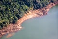 Forests and clay and rocky banks of Iguazu River aerial view. Border of Brazil and Argentina. South America. Latin America.