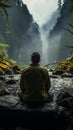 At forests edge, man seated facing outward, offering back view perspective