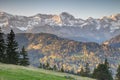 Forests, meadows and snowy ridges in Bavarian Alps Germany Royalty Free Stock Photo