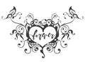 Forever hand drawn lettering in heart frame with butterfly, vector illustration
