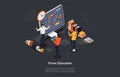 Forex Business Education, Prediction And Trading Skills Concept Design. Vector Illustration In Cartoon 3D Style On Dark