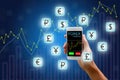 Forex concept, stock market, Woman holding smart phone and currency icon and chart background.