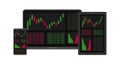 Forex market, crypto analysis. Binary option. Application screen for trading. Candles and indicators. HUD UI for business app.