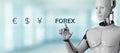 Forex robot trading automation concept. Robot pressing button on screen 3d render