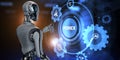 Forex robot trading automation concept. Robot pressing button on screen 3d render