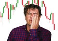 Forex and stocks market trading stress and risk - crazy stressed and desperate amateur trader man and investor blowing money out