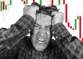 Forex and stocks market trading stress and risk - crazy stressed and desperate amateur trader man and investor blowing money out