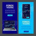 Forex Trading Banner Vertical Set with Realistic Detailed 3d Mobile Phone and Laptop. Vector