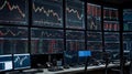 Forex Trading Desk with Multiple Monitors Displaying Currency Pair Charts and Indicators