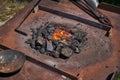 Forge for heating metal, blacksmith ladle and poker
