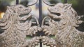 The forge iron gates of the old royal luxary palace with two golden forged lions , camera is slowly rotate and slide