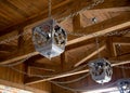 Forged beautiful handmade lampshades for lighting under a wooden ceiling with chains, antique