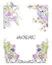 Forged fence and corner border with pink roses, leaf, bird, fern and ivy. Vintage baroque ornament and romantic garden flowers. Royalty Free Stock Photo