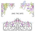 Forged fence and corner border with pink roses, leaf, bird, forget me not flowers. Vintage baroque ornament and romantic garden fl