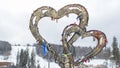 Sculpture of two iron hearts with locks from lovers Royalty Free Stock Photo