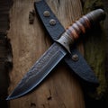 Forged Hunting Knife on Rustic weathered wood table illustration.