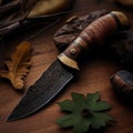 Forged Hunting Knife on Rustic weathered wood table illustration.