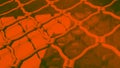Forged metal figured lattices on the windows, lush lava hot orange toned photo. Danger concept, 16:9