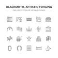 Forged metal products, artistic forging vector flat line icons. Blacksmith , window fence, gate, railing, garden