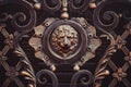 Forged ornate gate details with lion head cast iron sculpture, bronze colored, rosette style. Metal products, ironwork. Gates Royalty Free Stock Photo