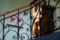 Forged staircase railings and door close up Royalty Free Stock Photo