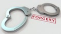 FORGERY stamp and handcuffs. Crime and punishment related conceptual 3D rendering