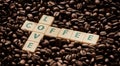 Forget love, fall in coffee. Closeup shot of block letters forming the words love and coffee on a pile of coffee beans.