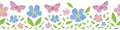 Forget-Me-Not floral and butterfly seamless border . Beautiful banner of painterly watercolor effect pink blue mysotis