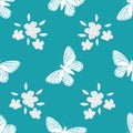Forget-Me-Not floral and butterfly seamless vector pattern background. Pastel painterly watercolor effect white mysotis Royalty Free Stock Photo
