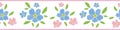 Forget-Me-Not floral seamless border . Beautiful banner of painterly watercolor effect groups of pink blue mysotis