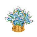 Forget me not flowers in basket wicker with a vine. Bouqet blue pink flowers art design elements object Royalty Free Stock Photo
