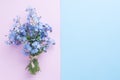 Forget me not flowers bouquet on blue and pink pastel background