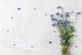 Forget me not flowers bouquet with frame made of blue buds on white background with copy space. top view. flat lay