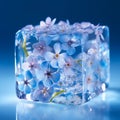 Forget-me-not flowers frozen in ice cube on blue background. Close-up illustration. Generative AI Royalty Free Stock Photo