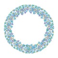 Forget-me-not flowers round frame hand-drawn on white background. Tender watercolor illustration of flower heads Royalty Free Stock Photo