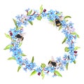 Forget-me-not flowers wreath with bumblebees, isolated on white watercolor illustration Royalty Free Stock Photo
