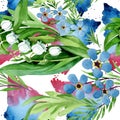 Forget me not and lily of the valley flowers. Watercolor background illustration set. Seamless background pattern. Royalty Free Stock Photo